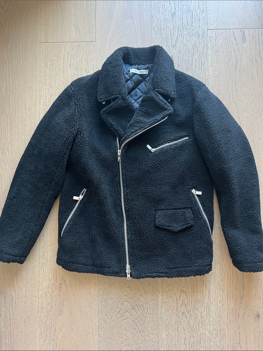 Black Sherpa Moto Jacket with Silver Zippers